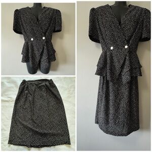 Vintage Pistachio Black Blouse with White Polka Dots 2 piece set Size 12